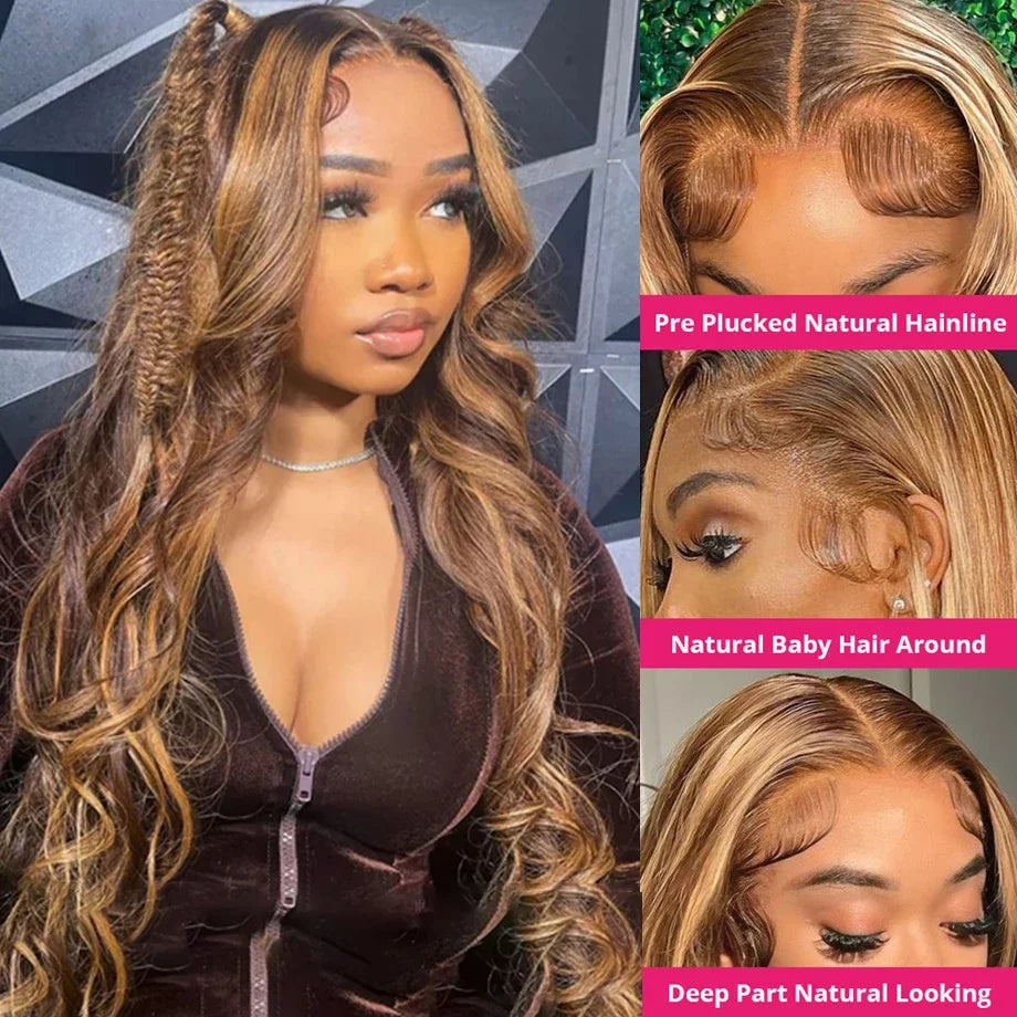 Highlight Body Wave Lace Front Wig — Brazilian Remy Human Hair, Honey Blonde HD Lace, 13x4
