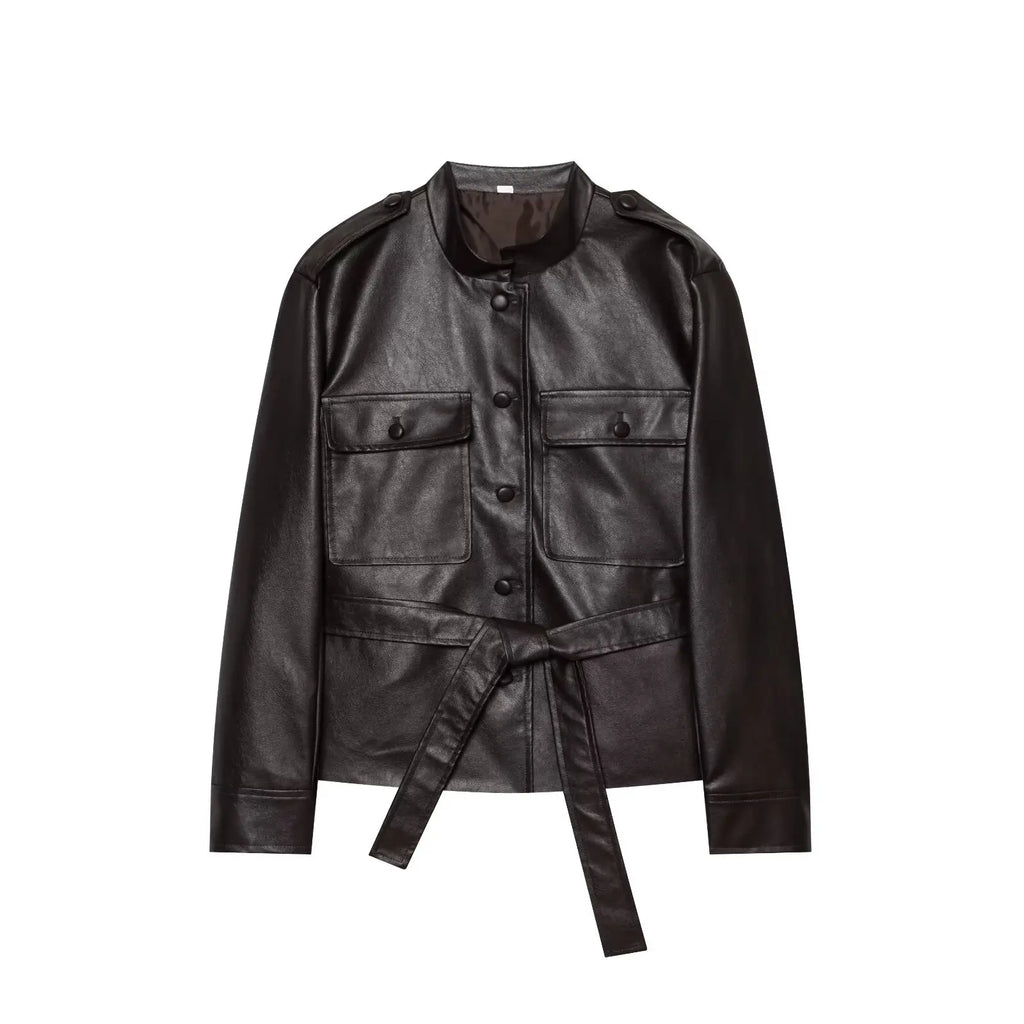 Women's Belted Jacket – Stand Collar Button Front