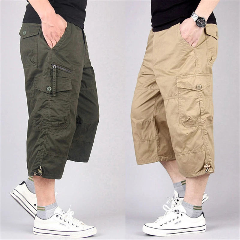 Men's Long Cargo Shorts — Multi-Pocket Military Tactical Cotton Capri Pants