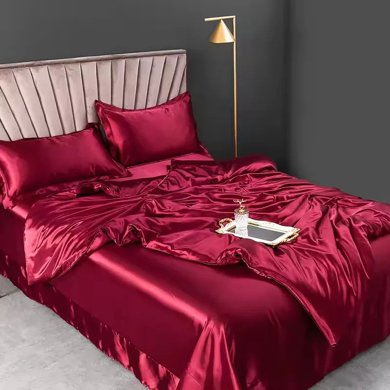 Silky Rayon Bedding Set – Luxury Solid Color Duvet Cover with Sheet & Pillowcases, 6 Colors & 5 Sizes