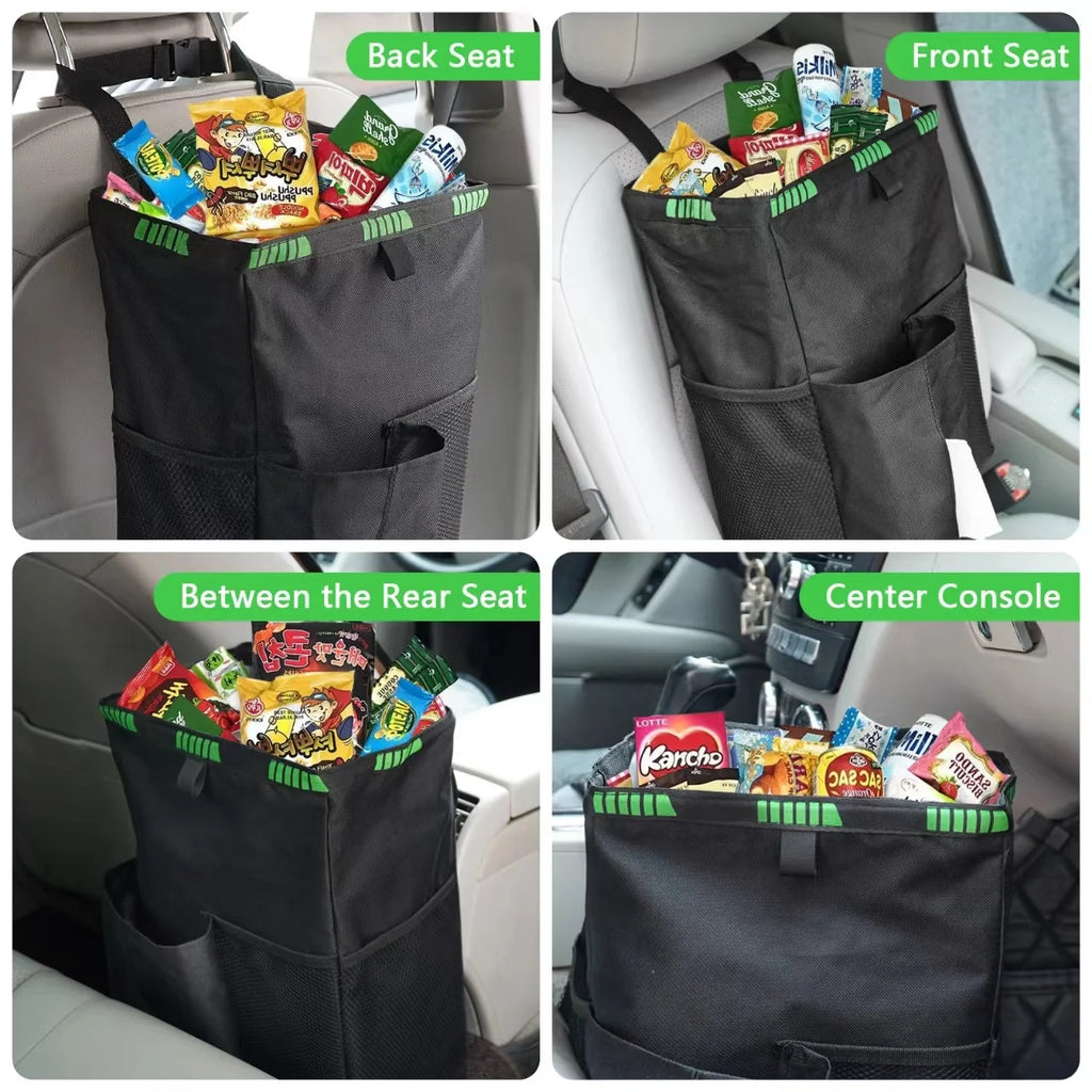 Car organizer with snacks in various car compartments