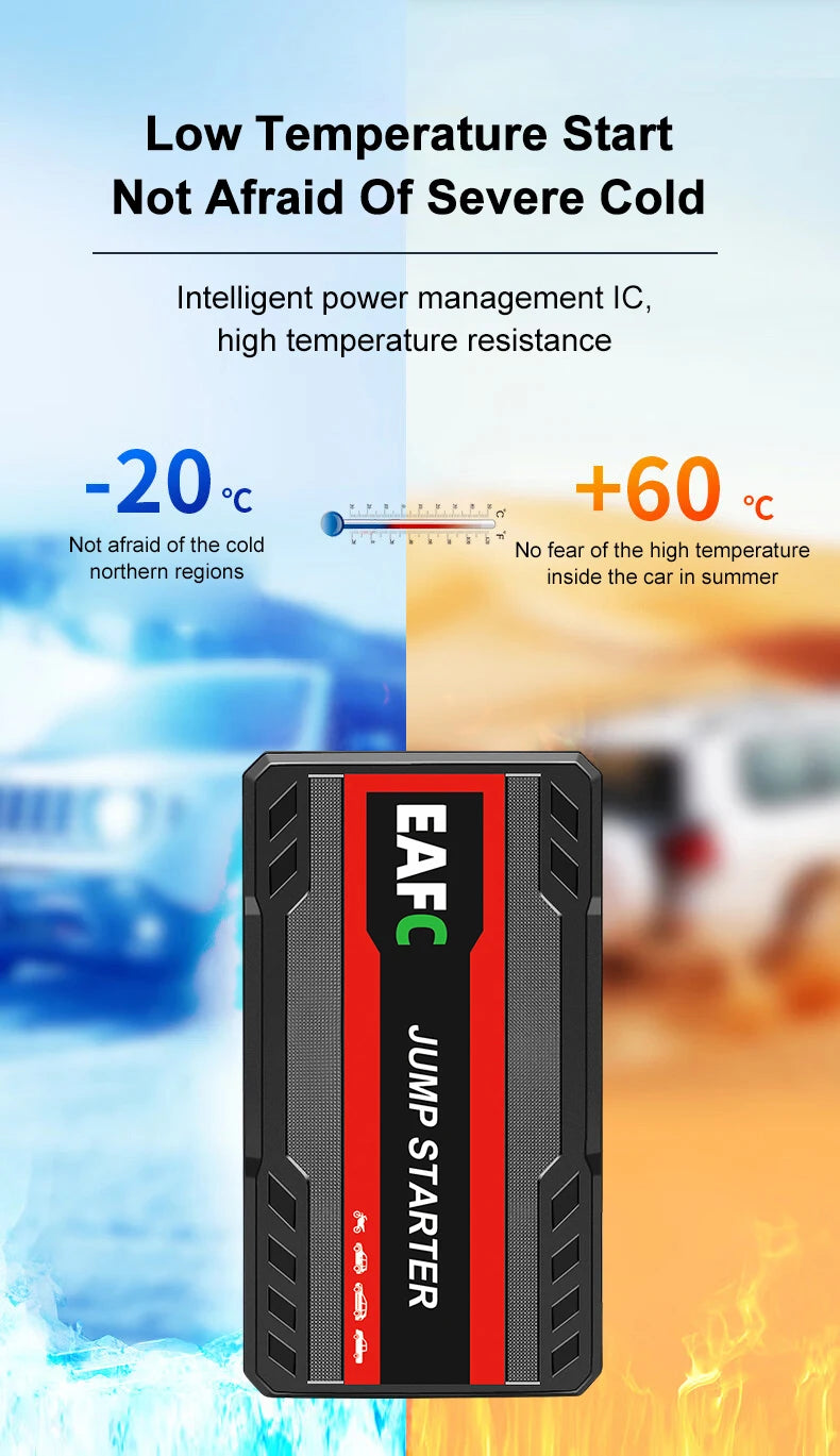 EAFC Portable Car Jump Starter — 600A–2000A Peak, 12V Battery Booster & Power Bank with LED Light