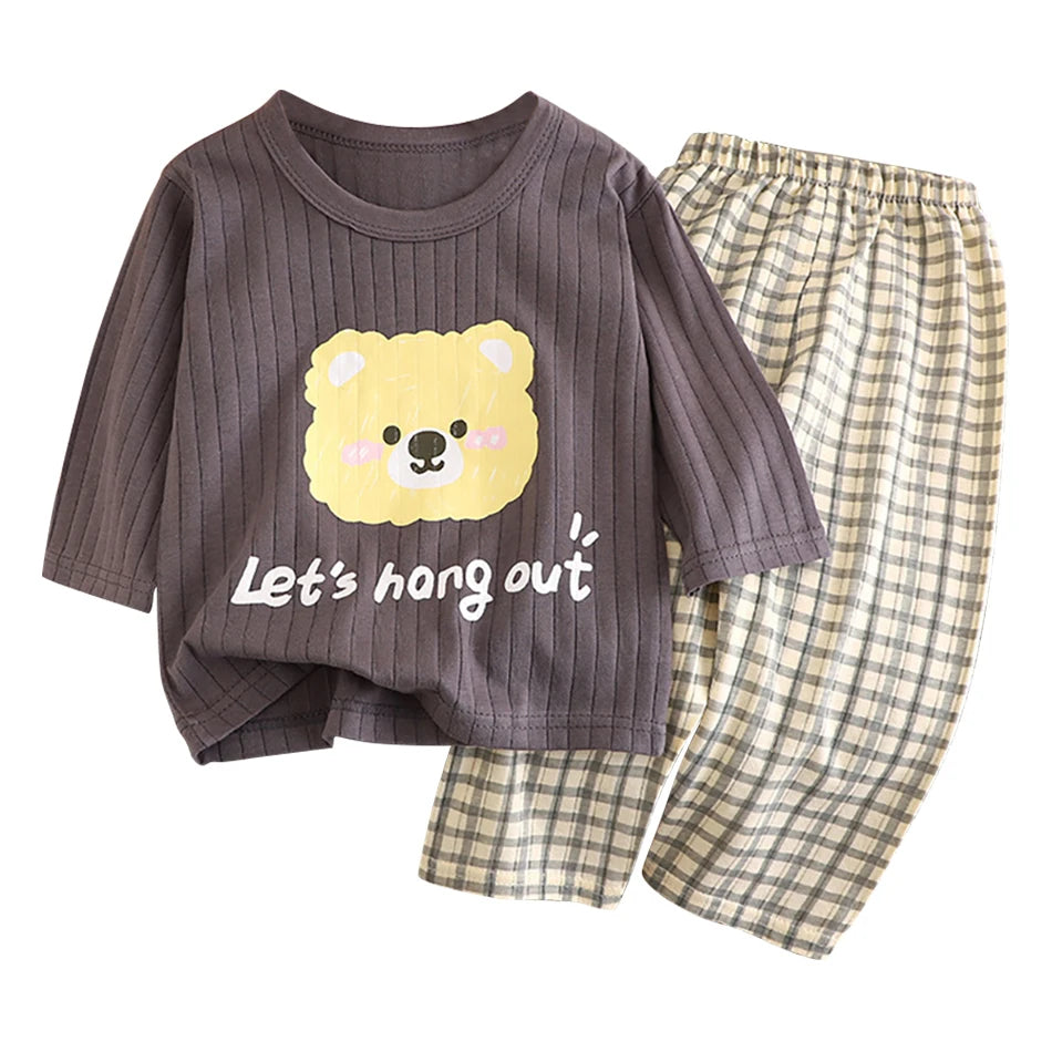 Kids' Cartoon Bear Long Sleeve Pajamas Set | Soft Breathable Sleepwear Boys & Girls