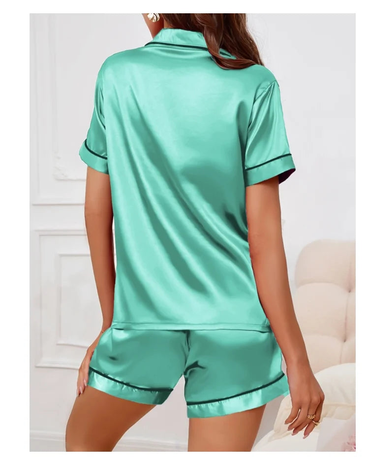 Women's Satin Button Down Pajama Set | 2-Piece Silk Sleepwear Top & Shorts