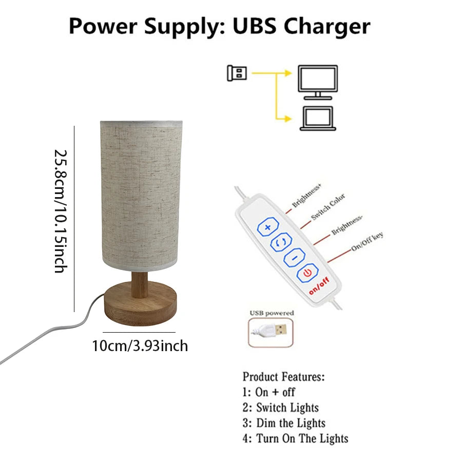 Wooden Bedside Lamp – USB Light with Linen Shade