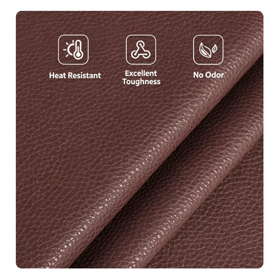 Brown textured faux leather material swatch with three white feature icons and text reading Heat Resistant, Excellent Toughness, and No Odor.