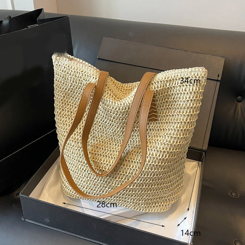 Handmade Straw Rattan Woven Tote Bag – Bohemian Beaded Summer Beach Shoulder Bag for Women