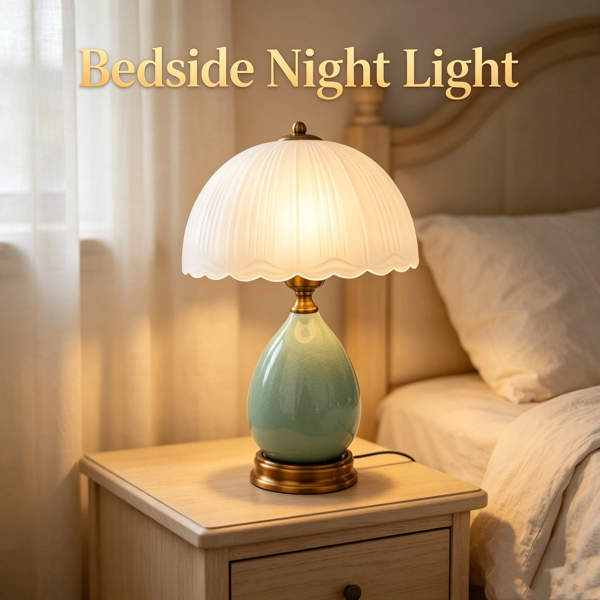 Green Ceramic Table Lamp – Scalloped Glass Shade