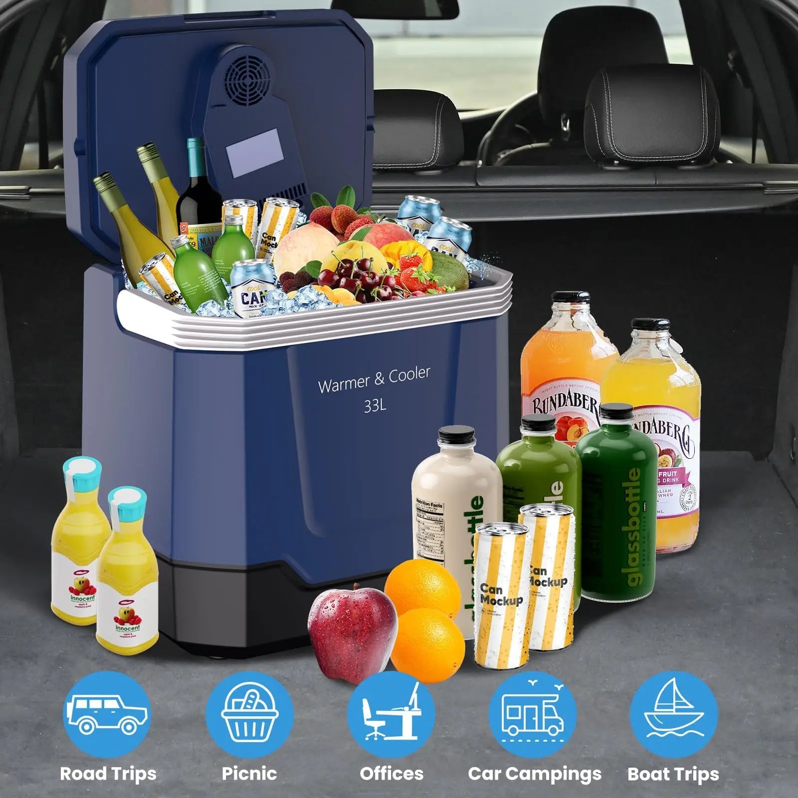 35QT Electric Cooler — Portable Car Refrigerator & Plug-In Cooler with 12V DC & AC Power, Locking Handle for Camping, Road Trips & Home Use