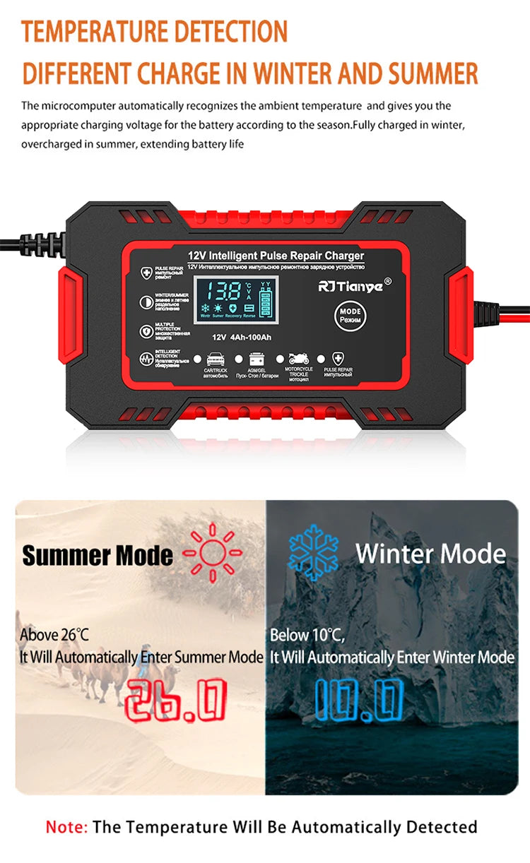 12V 6A Smart Car Battery Charger — LCD Touch Screen Pulse Repair for AGM, GEL & Lead Acid Batteries