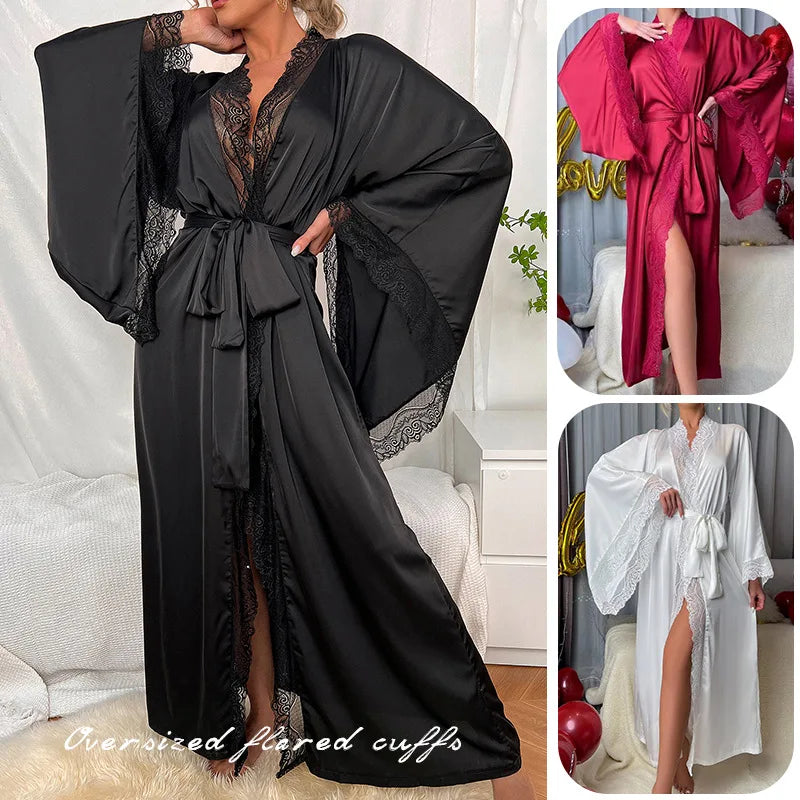 Women's Lace Patchwork Kimono Robe | Flare Sleeve Bridal Wedding Loungewear