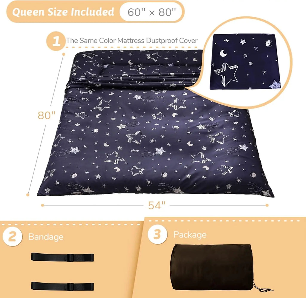 Navy Star Queen Size Foldable Japanese Floor Futon Mattress, Portable Tatami Sleeping Mat for Camping & Indoor Use