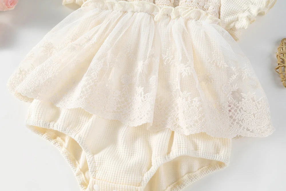 Baby Girl Tutu Skirt Bodysuit — Waffle Lace One-Piece Party Outfit for Toddlers