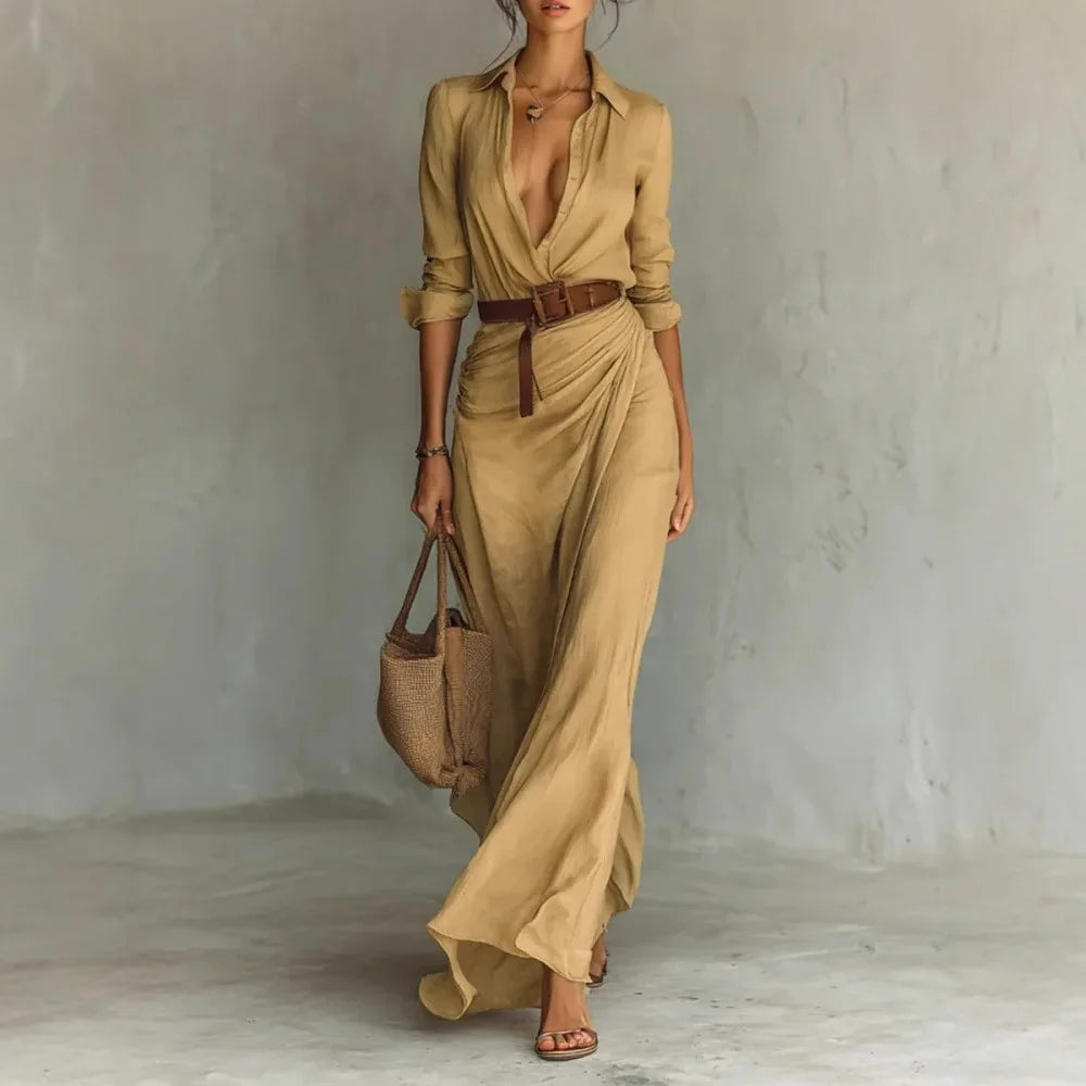 Strapless Pleated Belted Beach Dress — Chic Asymmetrical Slim Evening Dress