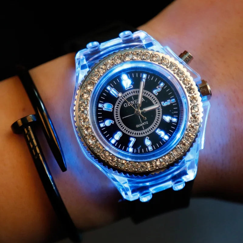 LED Luminous Flash Rhinestone Watch | Kids Men Women Silicone Fashion Wristwatch