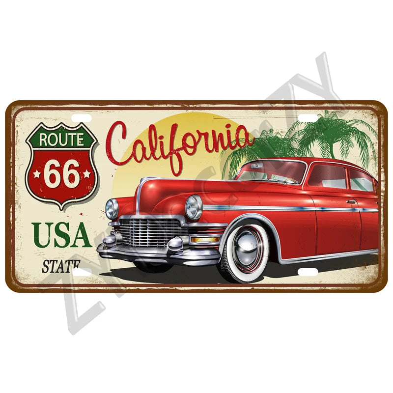 Route 66 Vintage Car Garage Tin Sign — Retro Wall Art Decor