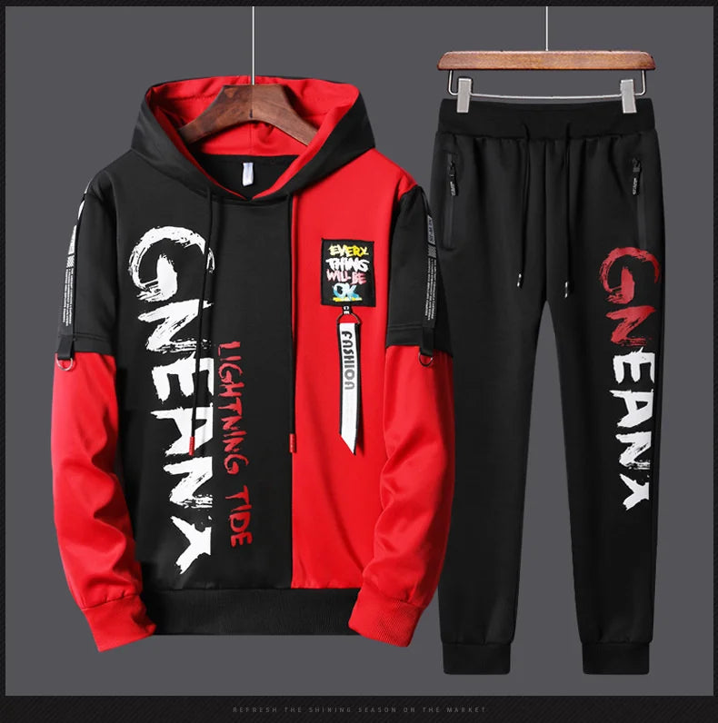 Men's Patchwork Hoodie & Sweatpants 2-Piece Tracksuit – Hip Hop Streetwear Set