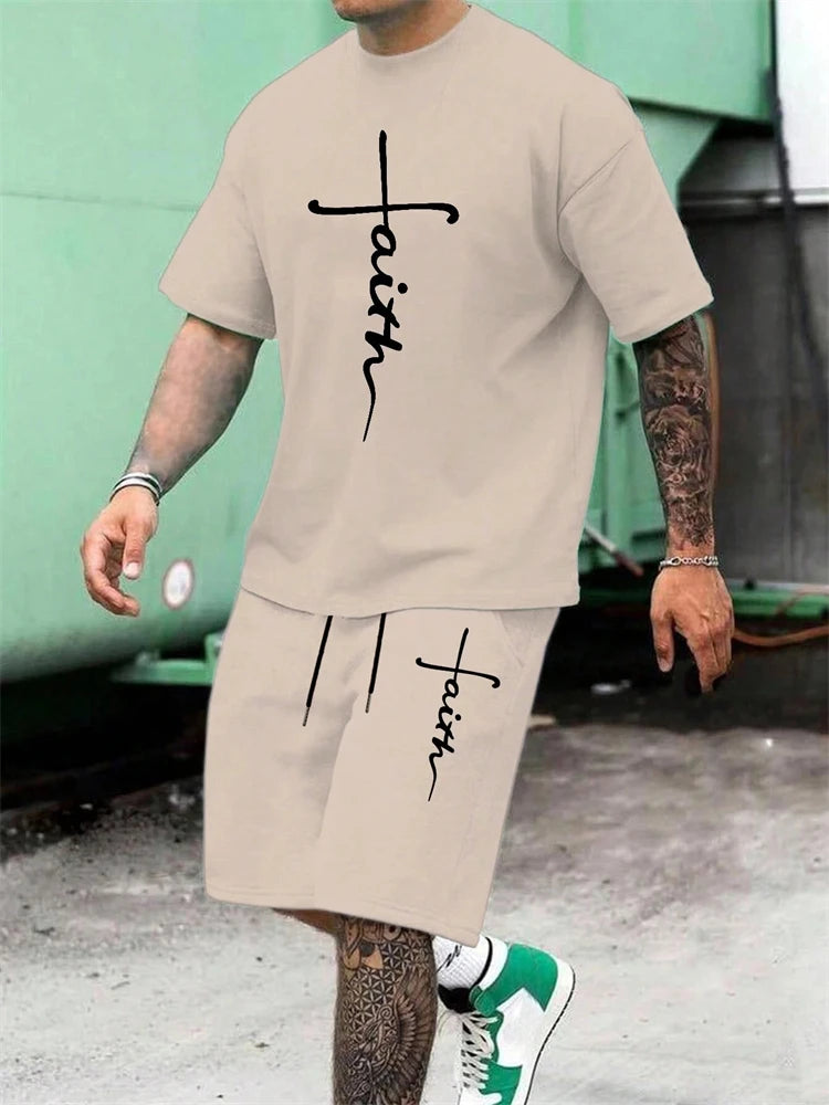 Men's Cross Print Short Sleeve T-Shirt & Shorts Set – Casual 2-Piece