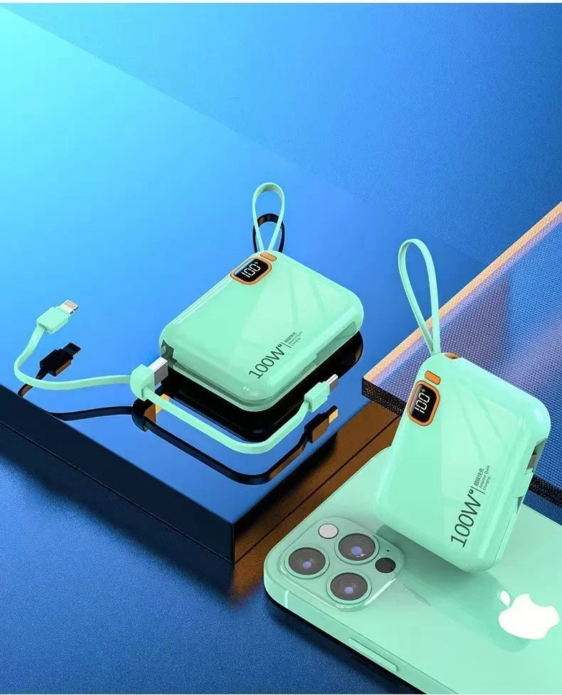 66W Portable Mini Power Bank 20000mAh – Built-in Cable, PD Fast Charging for iPhone & Android