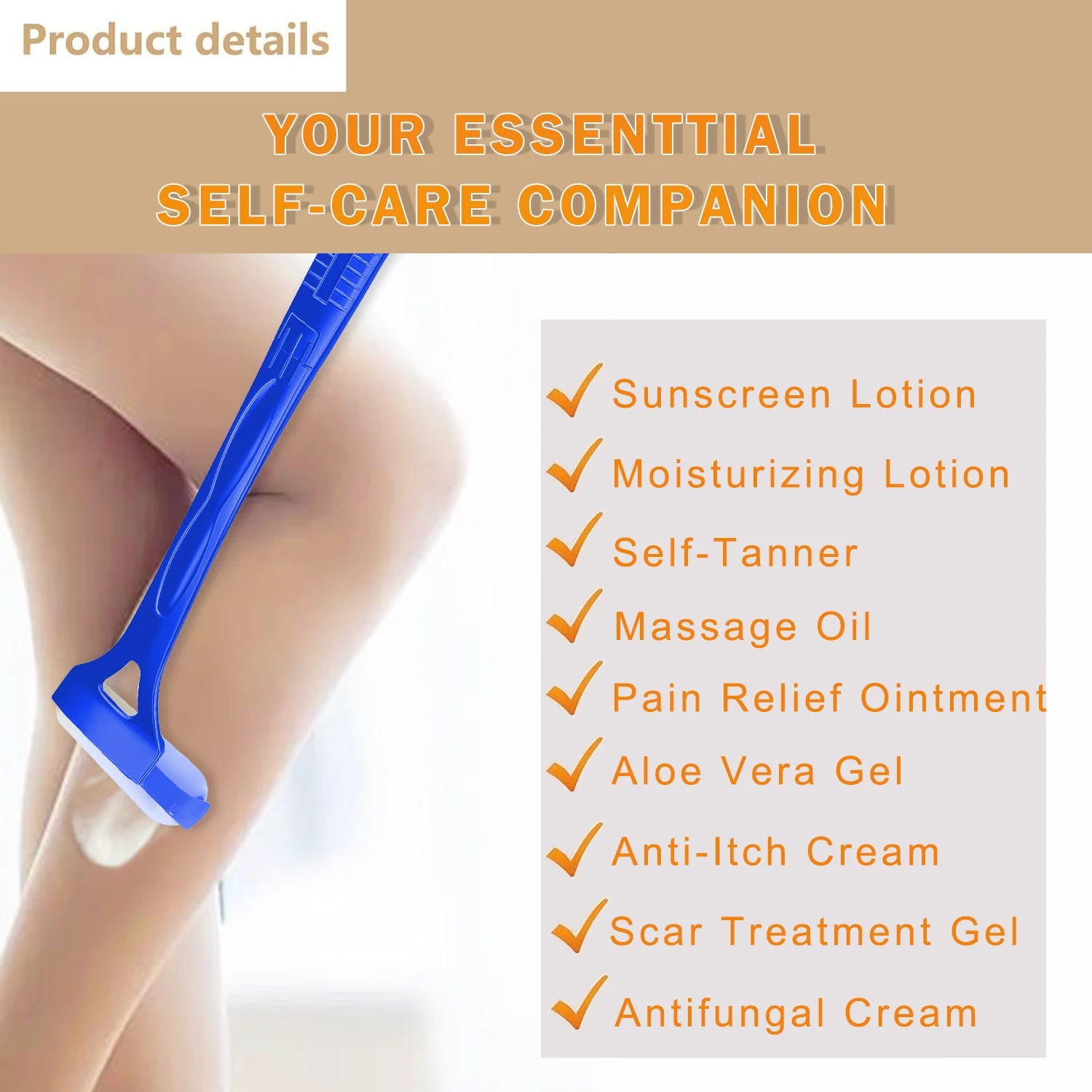 Long Handle Lotion Applicator Stick – Foldable Self-Sunscreen & Tanning Back Applicator with 2 Heads