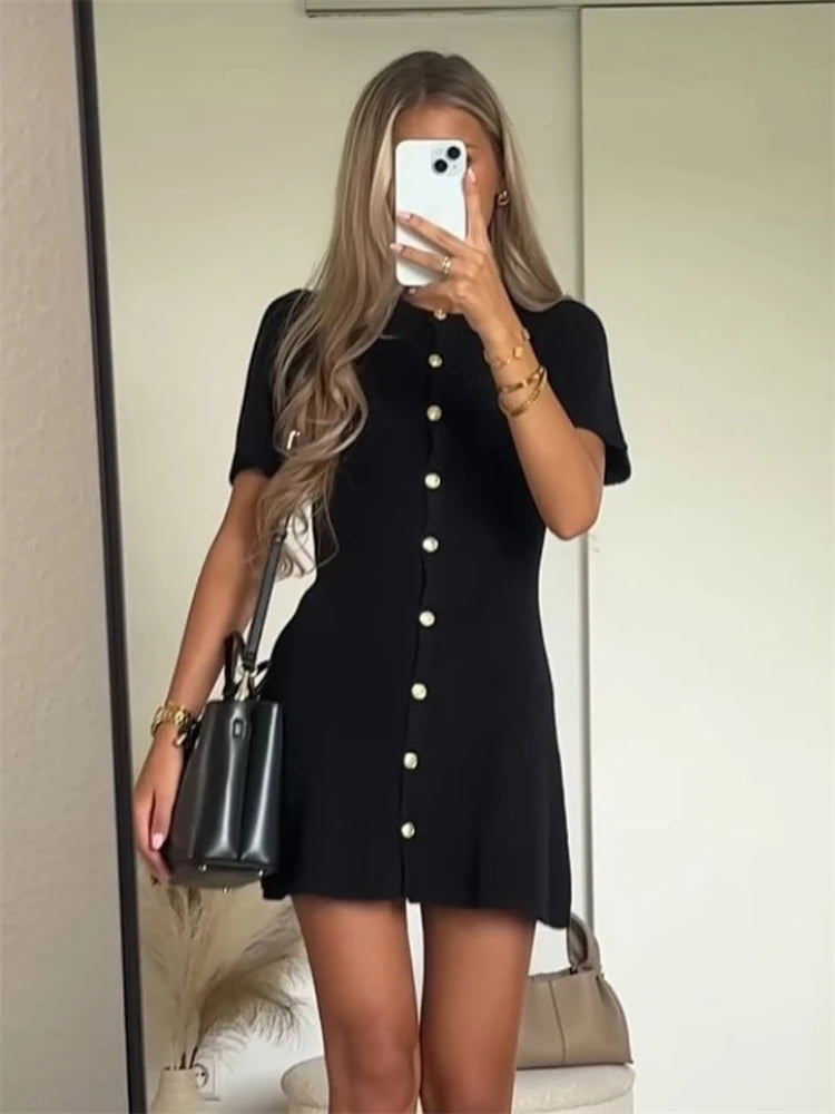 Elegant Knit Rib Mini Dress — High Waist Short Sleeve Bodycon Sweater Dress
