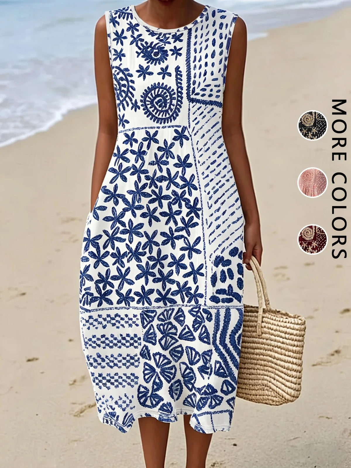 Women's Bohemian Floral Sleeveless MIDI Sundress with Pockets – Loose Sweetheart Beach Dress 2026