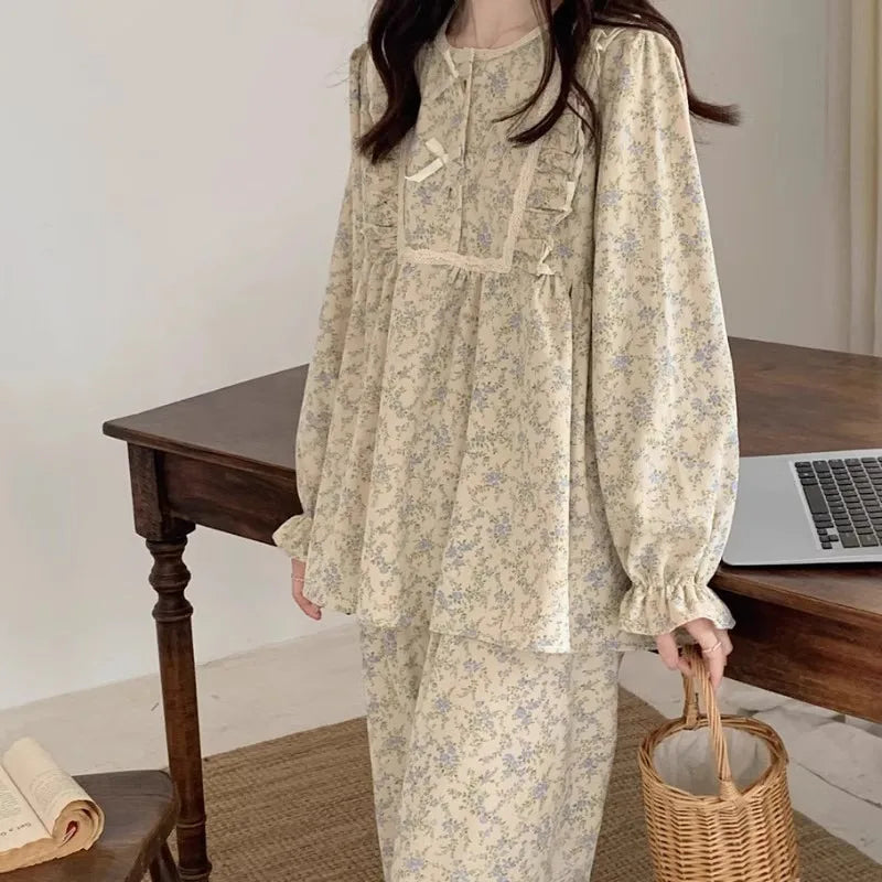 Women's Plus Size Garden Style Pajama Set | Korean Bow Homewear Long Sleeve