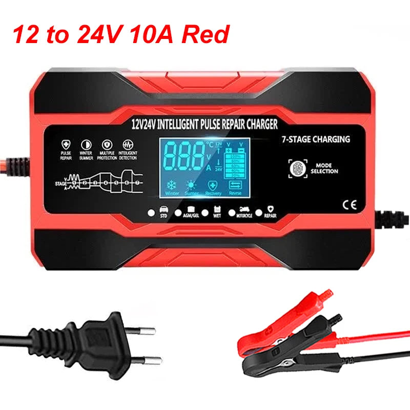 12V/24V Smart Battery Charger – 7-Stage Fast Charging & Pulse Repair for AGM, GEL, WET & Lead Acid Batteries