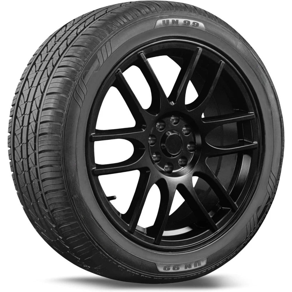 A black car tire with a multi-spoke black alloy wheel, featuring 'UN LEAGUE' branding on the sidewall, shown against a plain white background.