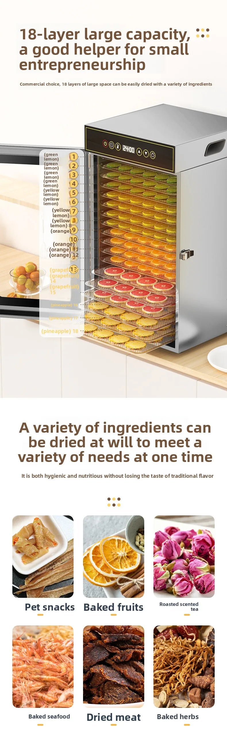 18-Layer Stainless Steel Food Dehydrator — Commercial & Home Use, Adjustable Temperature