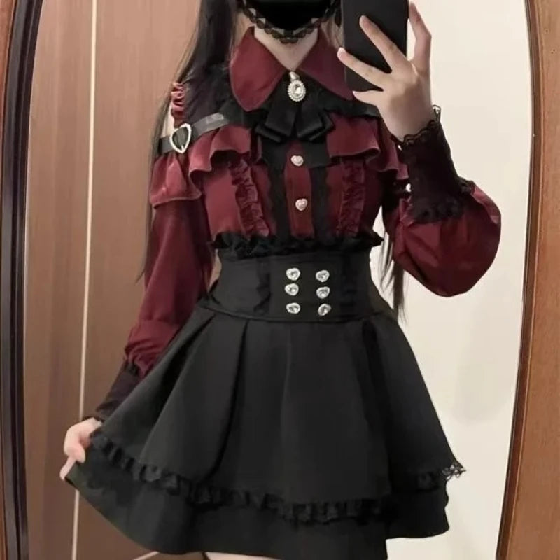 Japanese Gothic Lolita Mini Dress — Harajuku Y2K Bow Lace Ruffle Party Dress