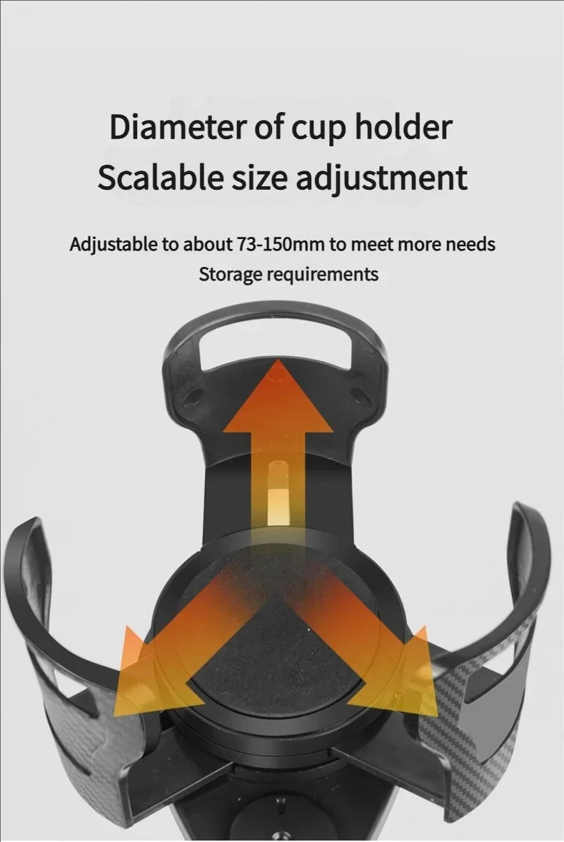 Adjustable black cup holder with orange and yellow arrows indicating scalable size adjustment, on a light gray background with text describing diameter and storage requirements.