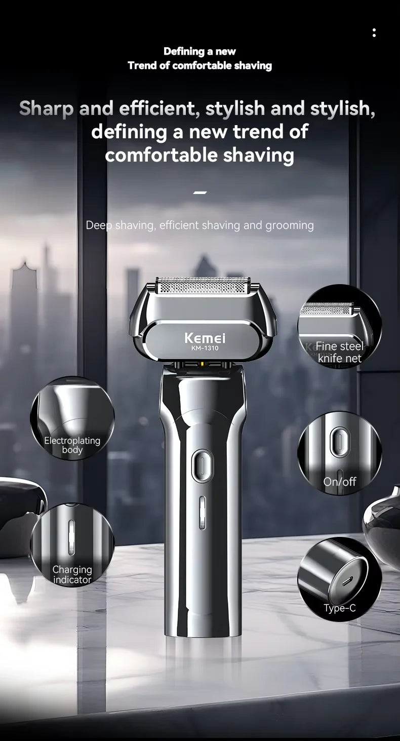 Kemei KM-1310 Rechargeable Men's Electric Shaver – 4-Blade Reciprocating, Wet/Dry, 100-Min Battery