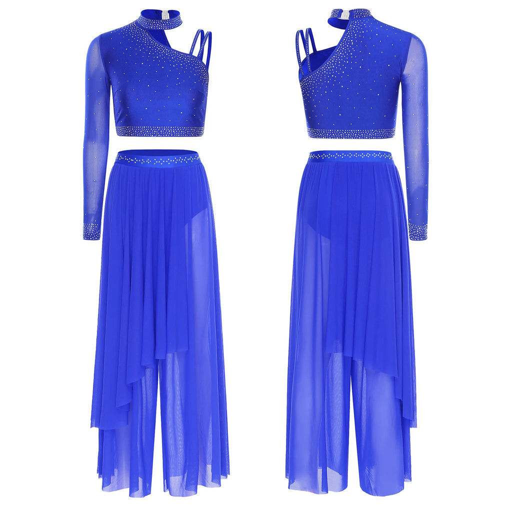 Women's Dance Performance Costume – Shiny Crop Top & Sheer Pants for Skating, Gymnastics & Ballet
