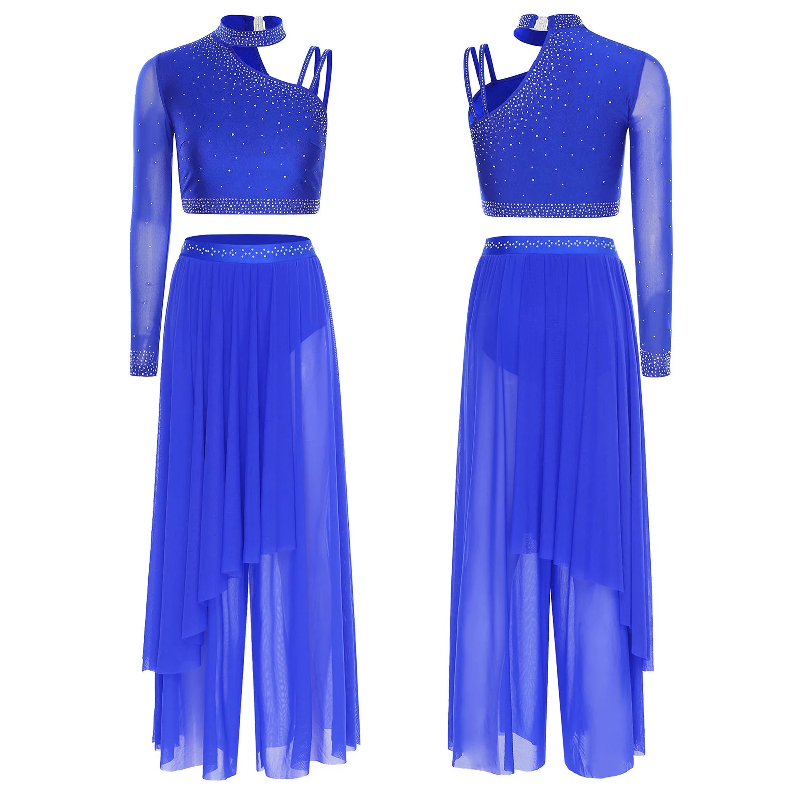 Women's Dance Performance Costume – Shiny Crop Top & Sheer Pants for Skating, Gymnastics & Ballet