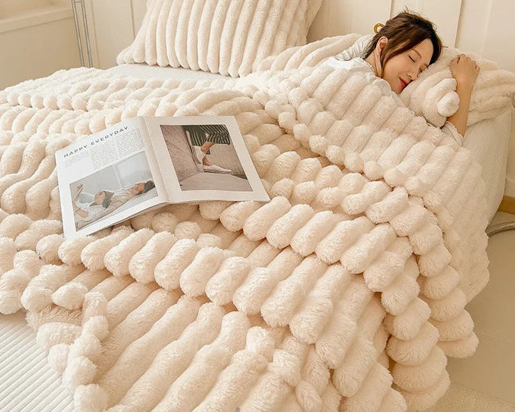 Striped Plush Blanket – Soft Faux Rabbit Fur Throw