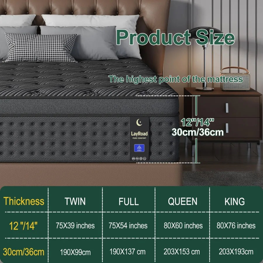 LayRoad 12"/14" Memory Foam Spring Mattress – Medium Firmness, Pressure Relief, Single to King Boxed