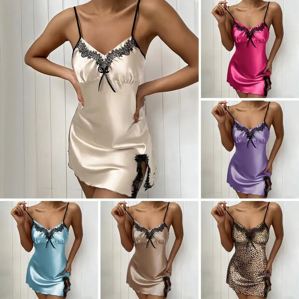 Silky Satin Spaghetti Strap Sleep Dress — Deep V Nightgown