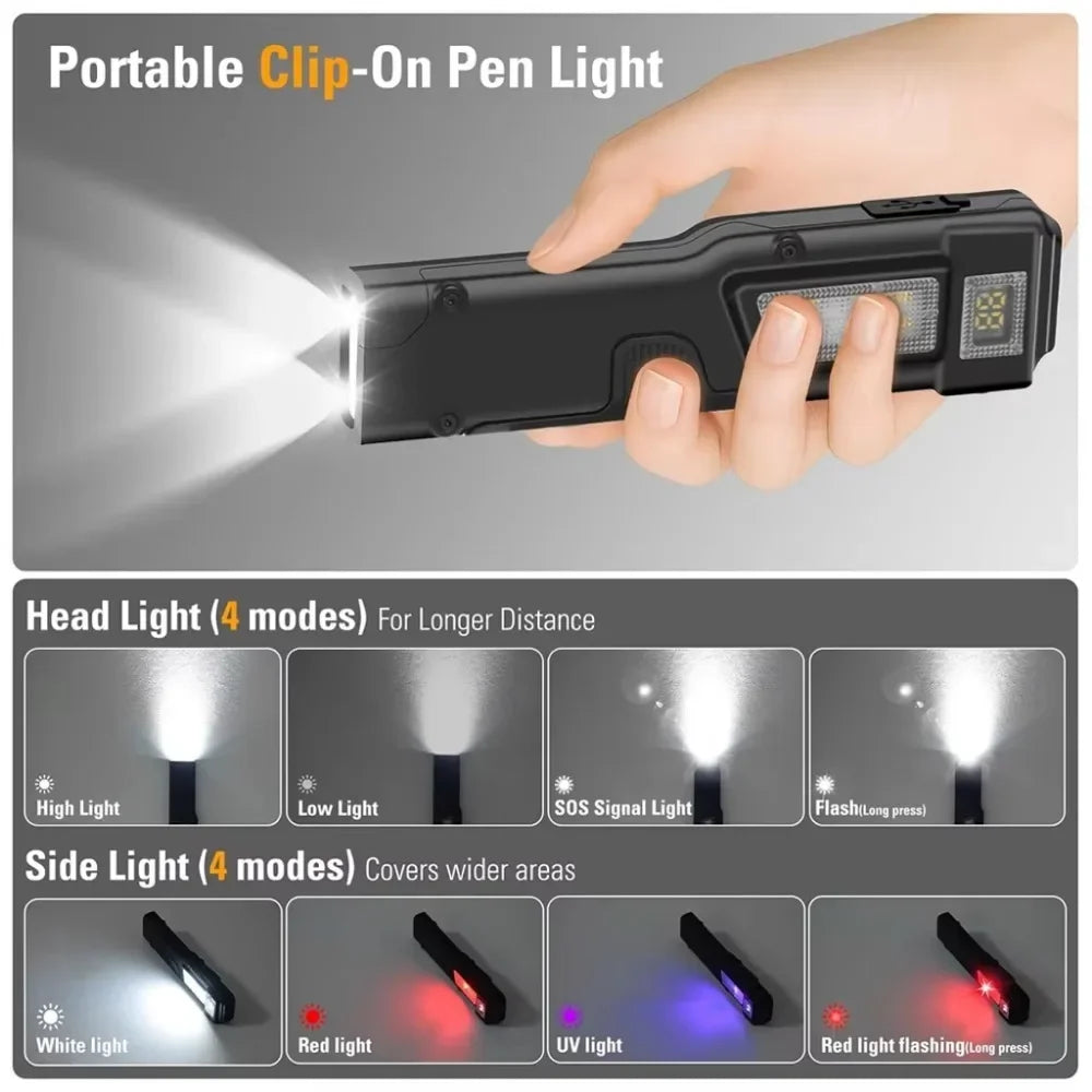 Ultra-Thin EDC Penlight – USB-C Rechargeable, LCD Battery Display, White/Red/UV Side Light, Back Clip