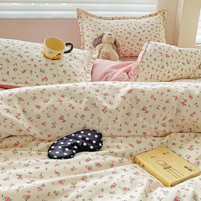 Vintage Floral Duvet Cover Set – Korean Ins Style Bedding Kit with Flat Sheet & Pillowcases, Single to Queen
