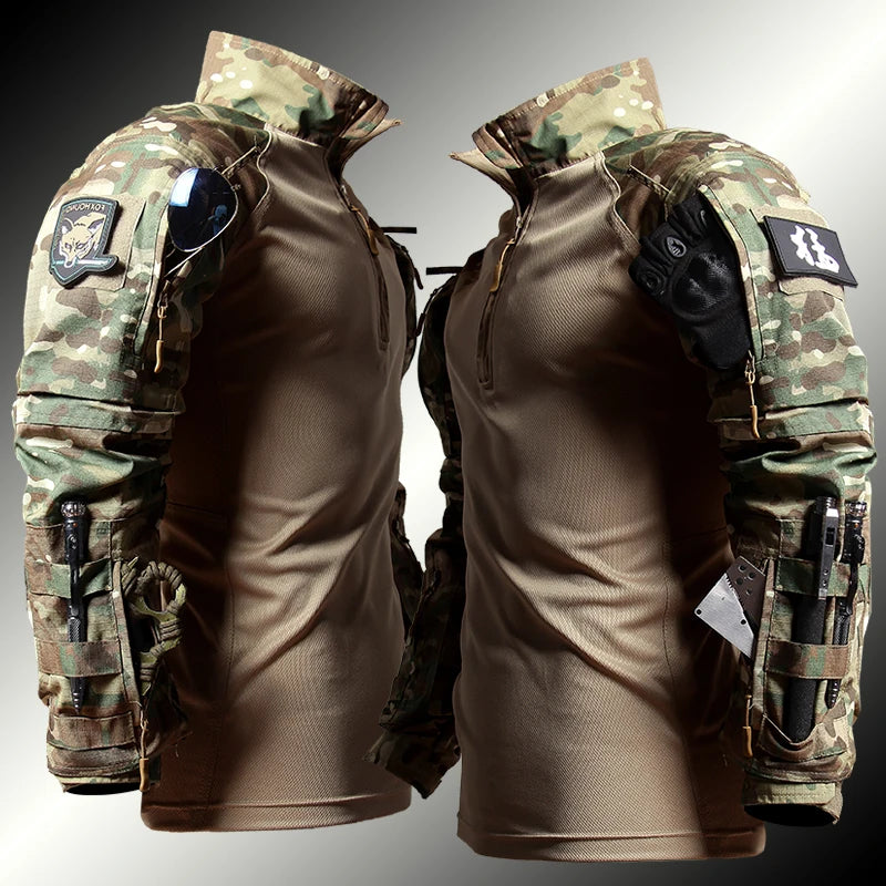 Camouflage tactical vest with visible branding on a gradient background
