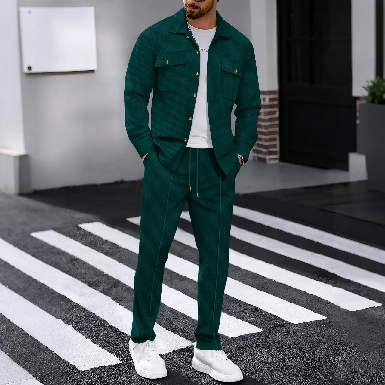 Men's Solid Waffle Long Sleeve Cardigan & Pants Set – Double Pocket Workwear Style 2-Piece