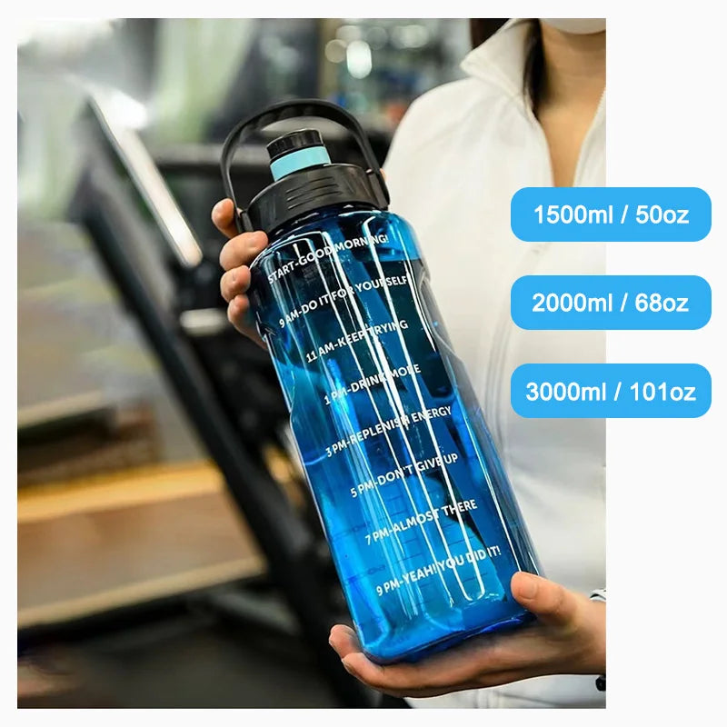 LUSQI 1.5L/2L/3L Large Capacity Motivational Water Bottle with Straw, Time Stamp & Carry Rope – BPA-Free, Leakproof