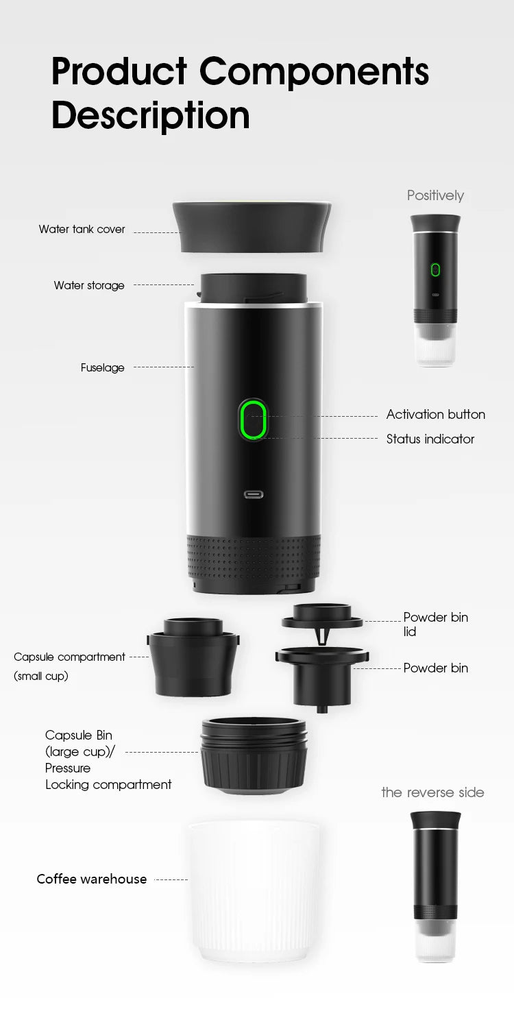 DENOKIN 3-in-1 Portable Espresso Coffee Machine — 20 Bar Pressure, USB-C Charging, Capsule & Ground Coffee Compatible for Travel, Car & Home