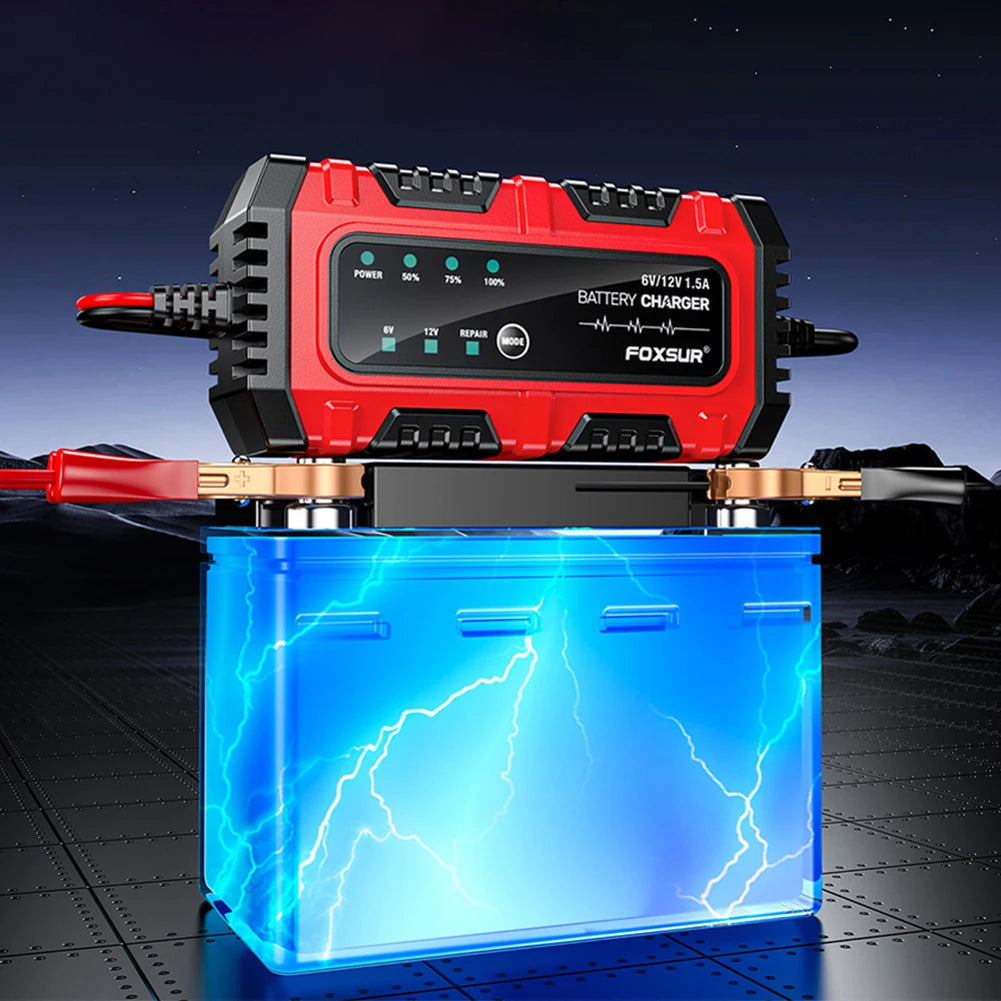 6V/12V 1.5A Smart Car & Motorcycle Battery Charger – Lead-Acid AGM GEL Charging Unit