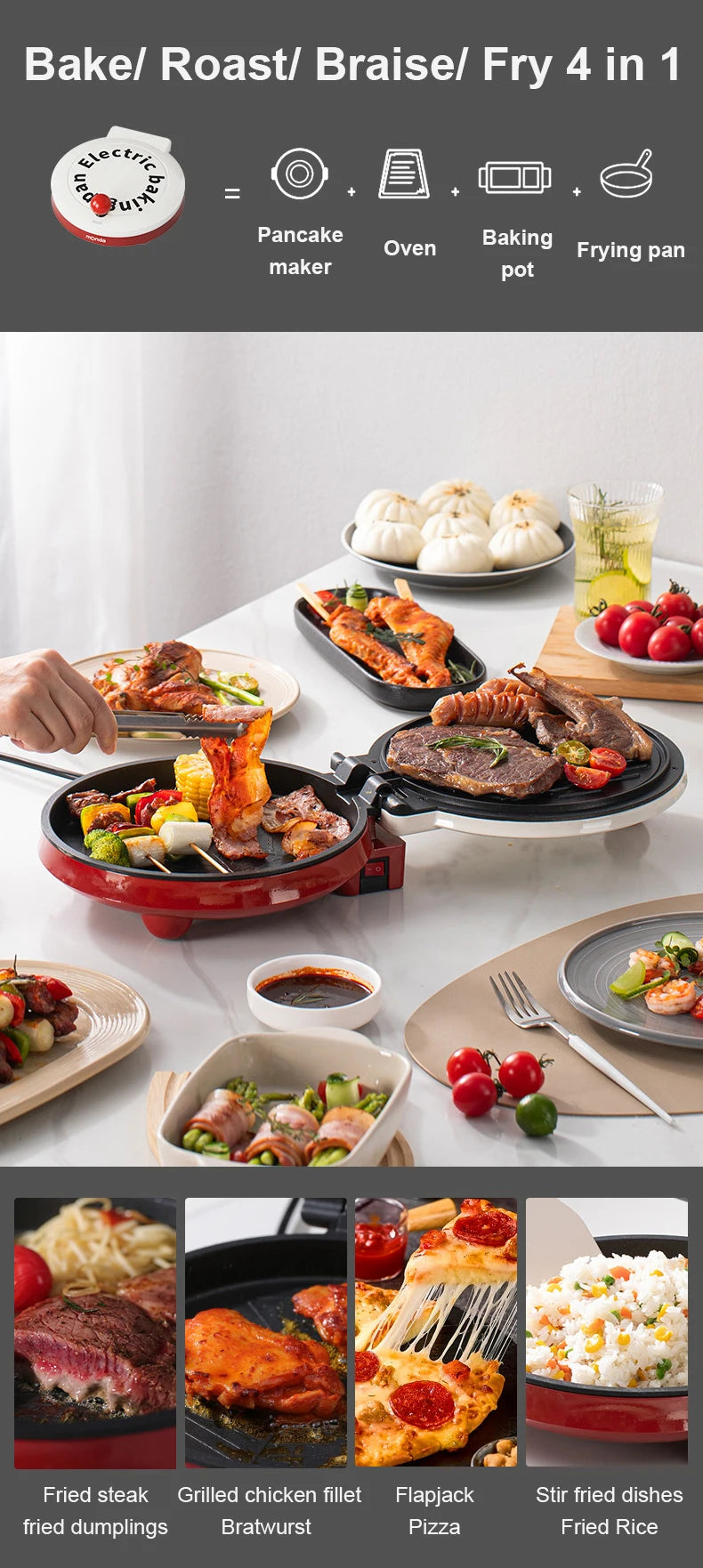 Multifunction Electric Pizza Griddle & Crepe Maker – Double-Sided Heating, Non-Stick Pancake, Steak & Grill Skillet, EU Plug