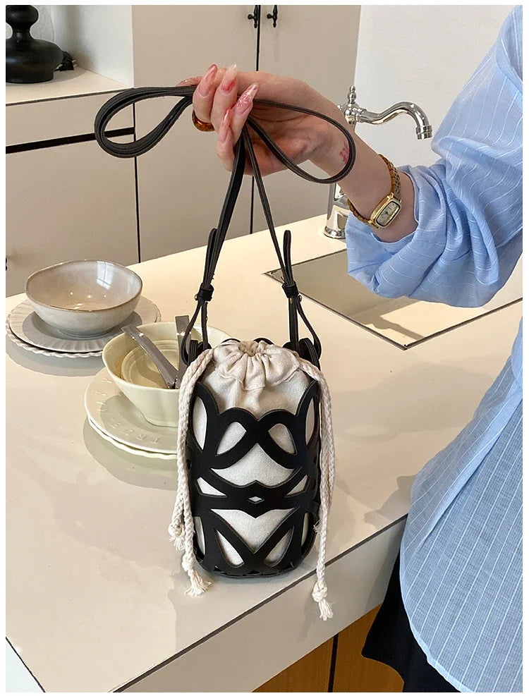 Brilliant Fish Hollow Out Drawstring Mini Bucket Crossbody Bag – Adjustable Strap Shoulder Bag for Women