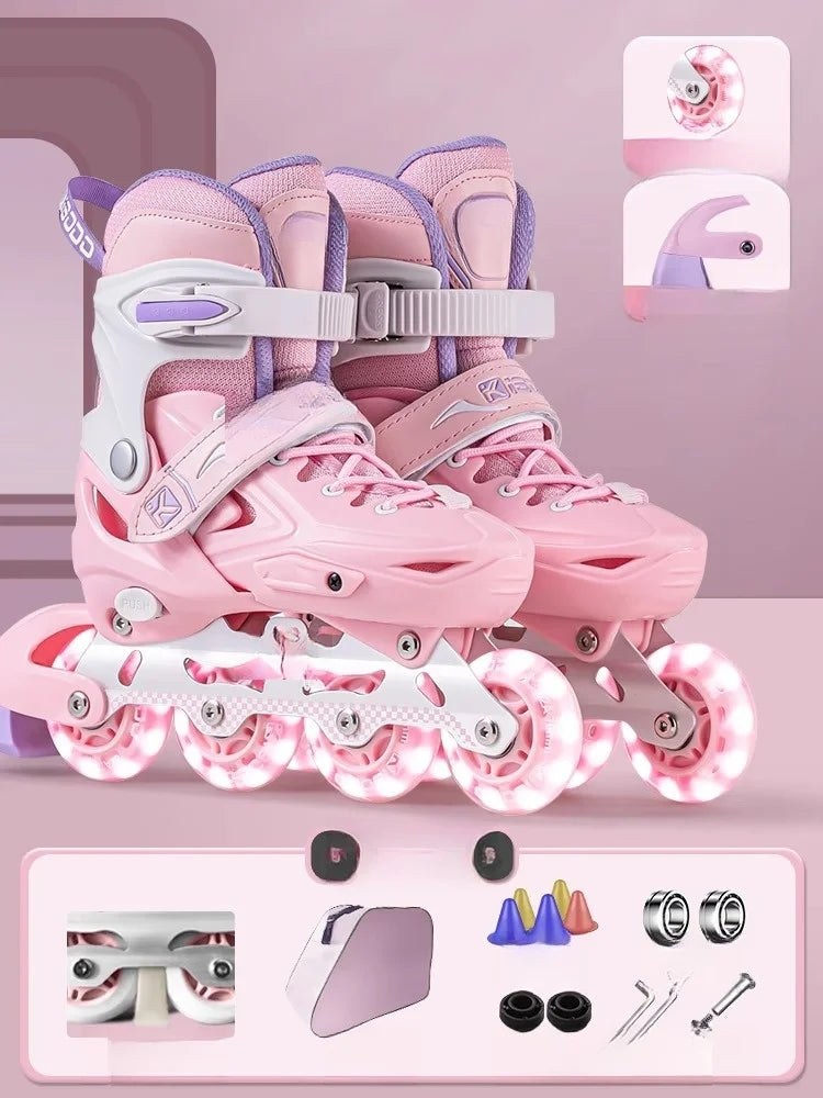 Inline Roller Skate Shoes with Helmet & Pads Set – Flashing 4-Wheel Beginner Adult Unisex Outdoor Skating