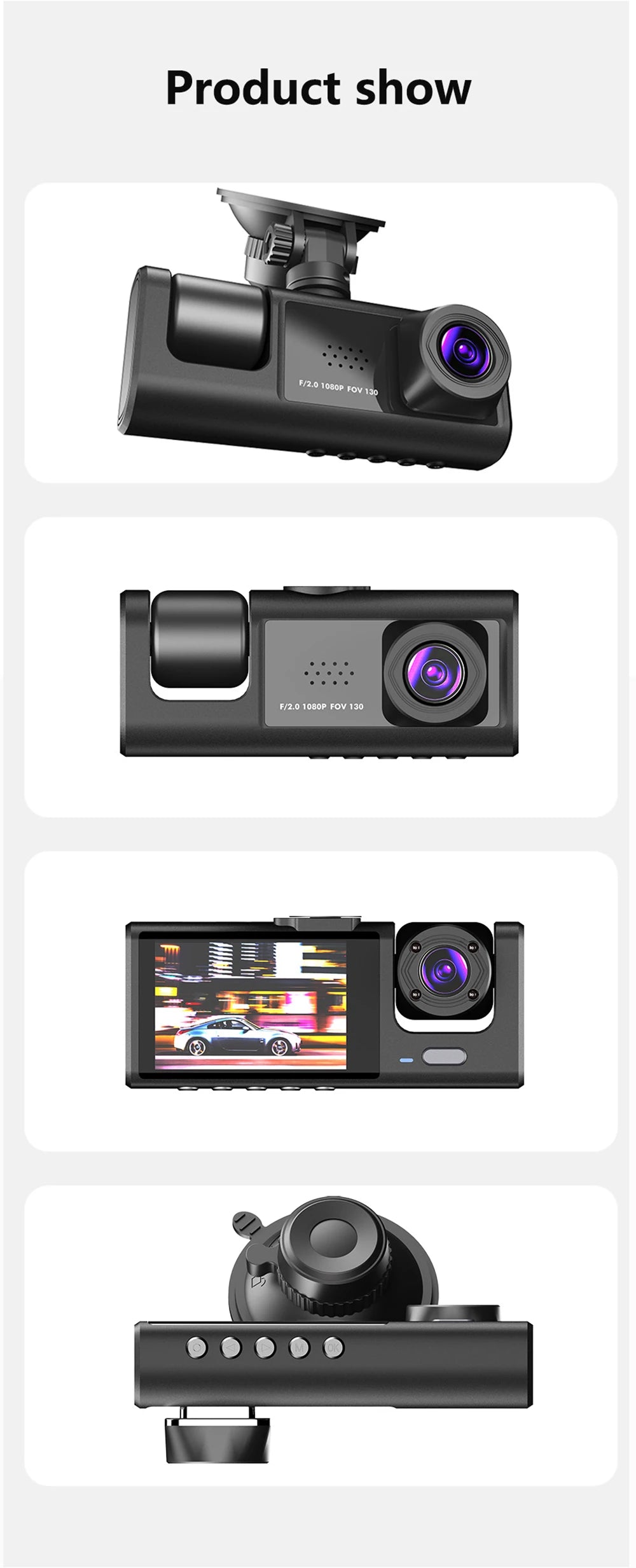 1080P 2/3-Lens WiFi Dash Cam – Front, Rear & Interior, Night Vision, G-Sensor, Loop Recording
