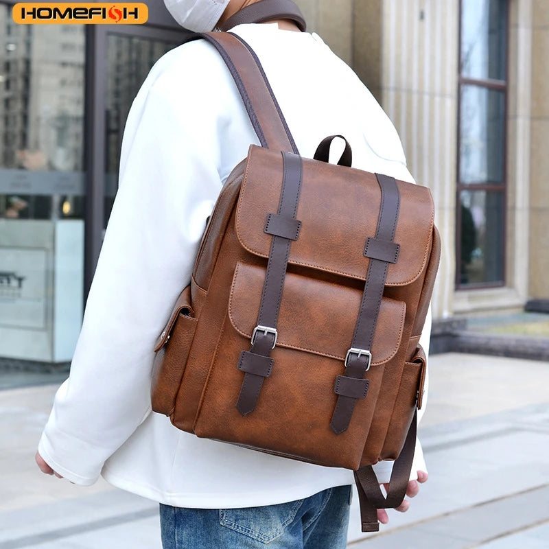 HOMEFISH PU Leather Backpack – Large Capacity Casual Daypack with 5 Pockets
